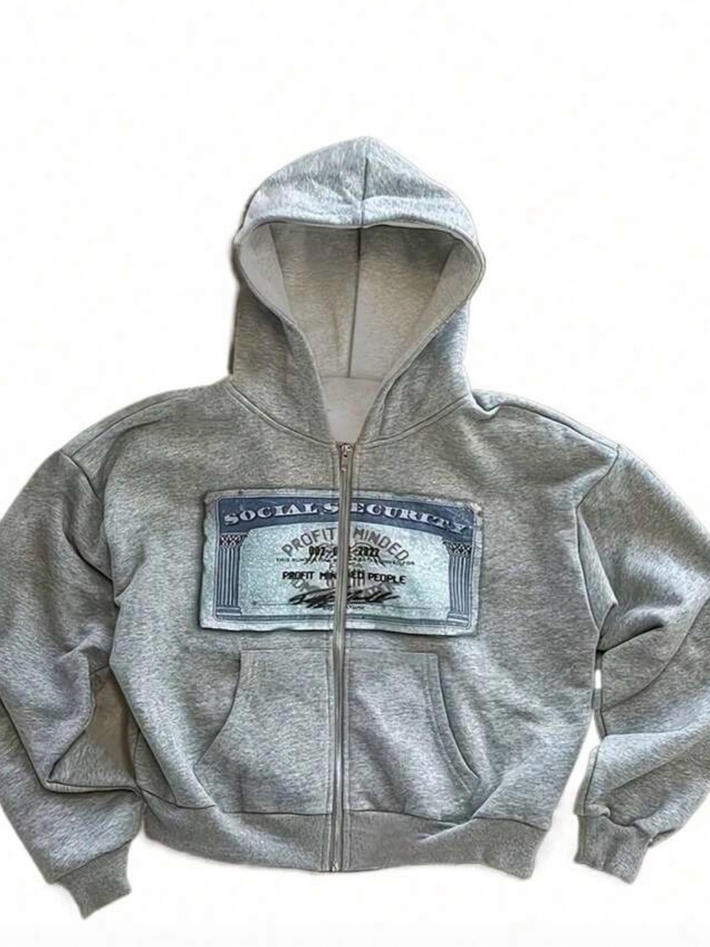 Men's Light Gray Zip Hoodie Jacket with Front Graphic Patch